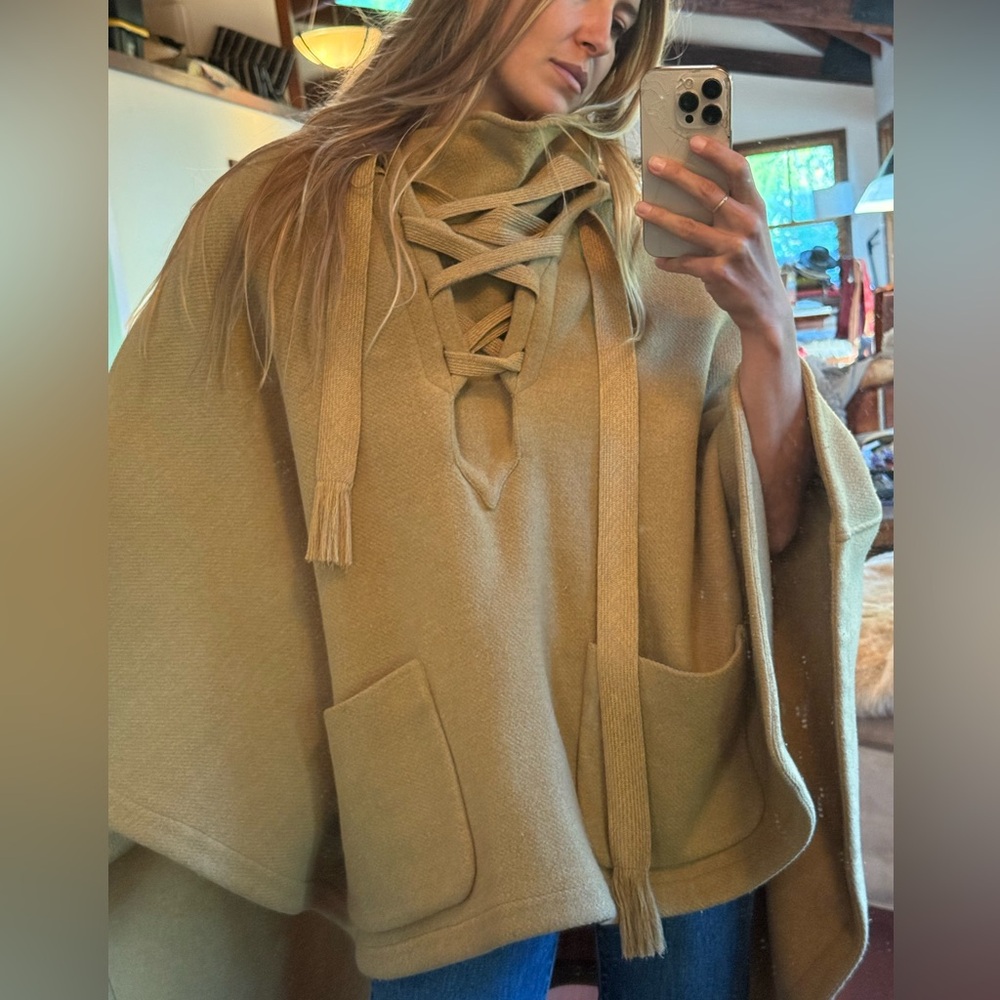 Chloe Gold Yellow Lace-Up Wool Poncho - Picture 5 of 10